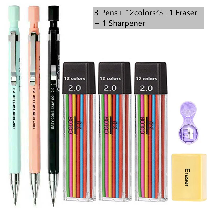 Mechanical Pencil Set 2.0mm with 2B Black/Colors Lead Refill Eraser For School Student Writing Sketching Painting Automatic Pens