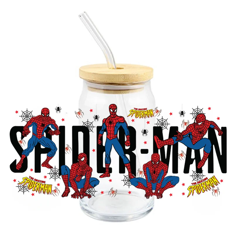 Marvel Spiderman Cup Stickers Superhero UV DTF Waterproof Transfers Decals16oz Libby Glass Design Cup Wraps Stickers Kids Gifts