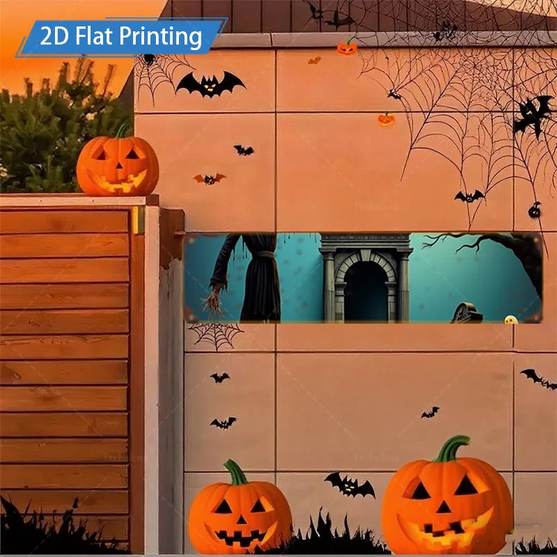 1 قطعة 4x16 بوصة علامة معدنية للهالوين 2D علامة معدنية مسطحة-ساحرة مخيفة، ديكور مشهد الباب والشجرة