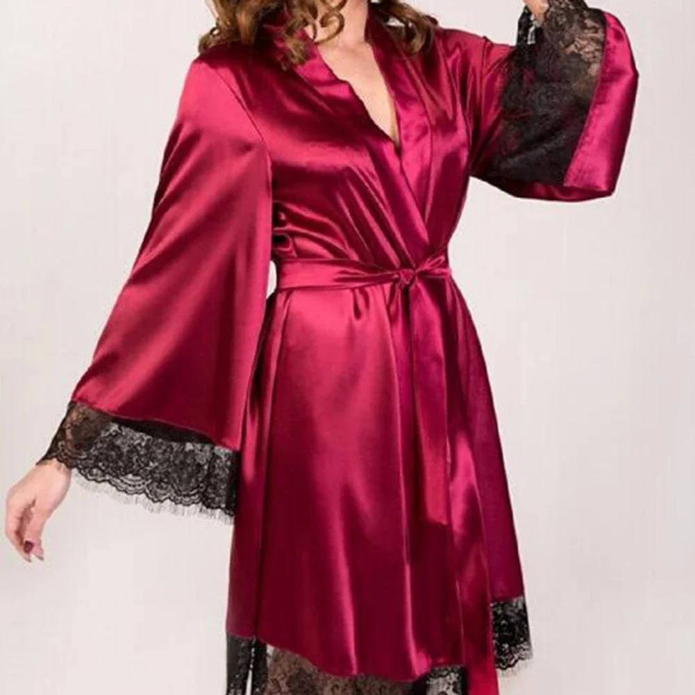 Female Sleepwear Lace Satin Patchwork Long Bathrobe Lady Sexy Smoot Nightgown Soft Silk Dress Temptation Bathrobe Nightgowns