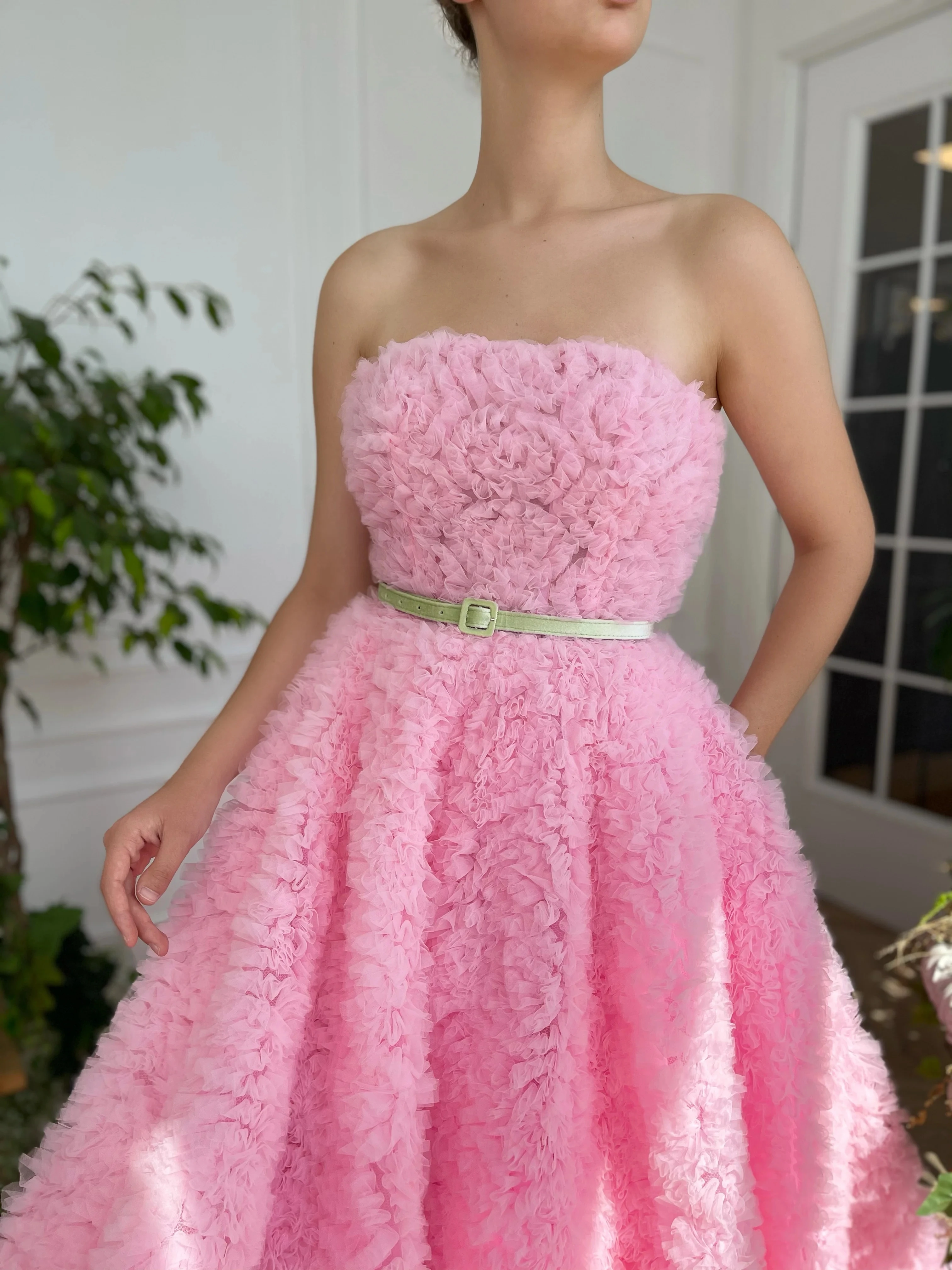 Vestido de noite rosa longo, sem alças, até o chão, tule, babados, peru, dubai, arábia saudita, vestidos de baile