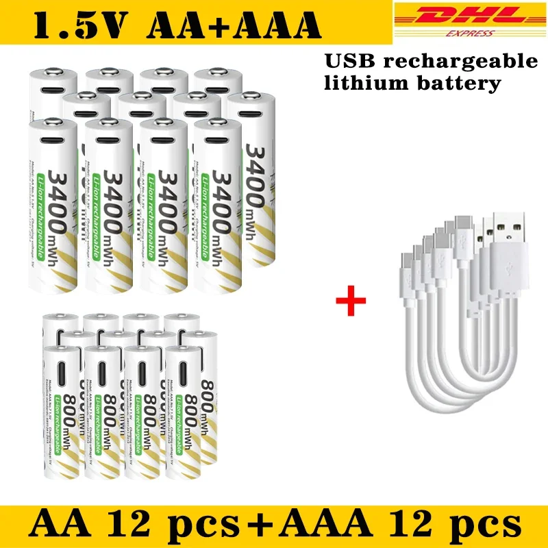 

New Li-ion AAA and AA Rechargeable Batteries USB Lithium-ion 3400mWh 1.5V AA Rechargeable Batteries+800mWh 1.5V AAA Batt