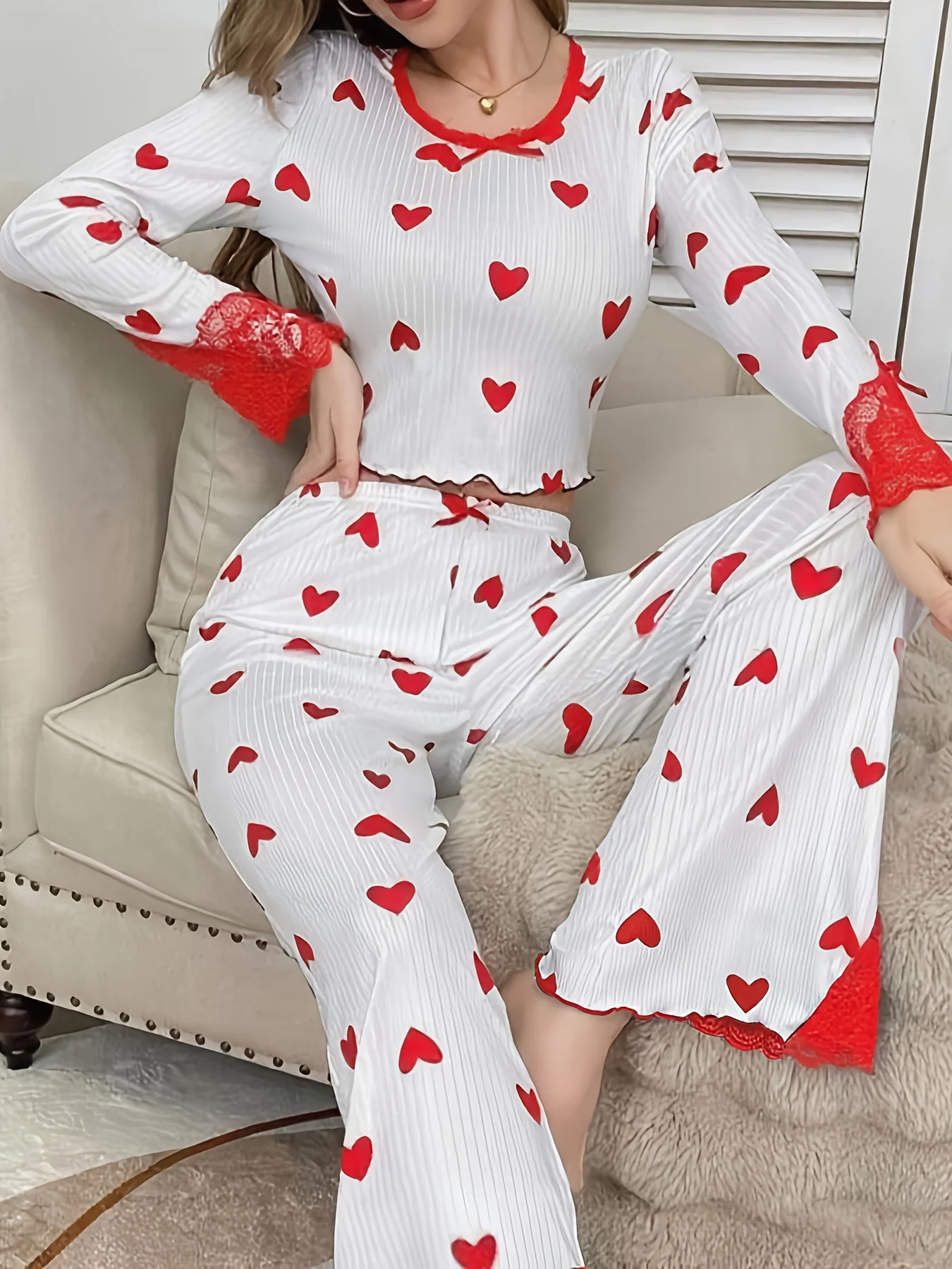 

Женский пижамный комплект с принтом сердца, домашняя одежда с длинными рукавами и кружевной отделкой, одежда для сна с круглым вырезом, костюм из двух предметов, брюки