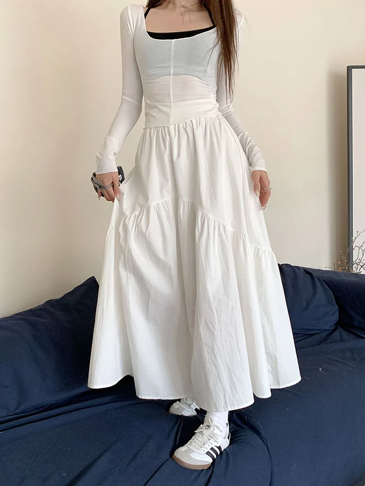 

Korean Version Fashion Women Black White High Waist Pleated Skirt Spring Summer Green Elegant Long Skirt Ladies Casual Trend New