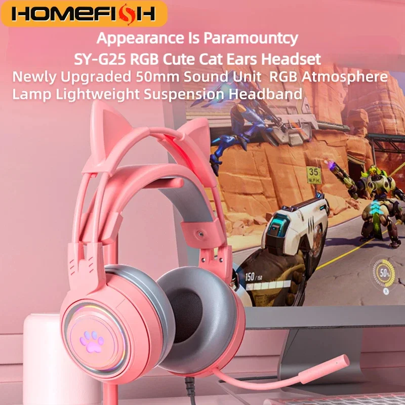 

Игровая гарнитура HOMEFISH G25 с милыми кошачьими ушками, RGB-подсветкой, 50-мм Hi-Fi динамиками и микрофоном с шумоподавлением для ПК, PS, Xbox, ноутбуков, телефонов и т.д.