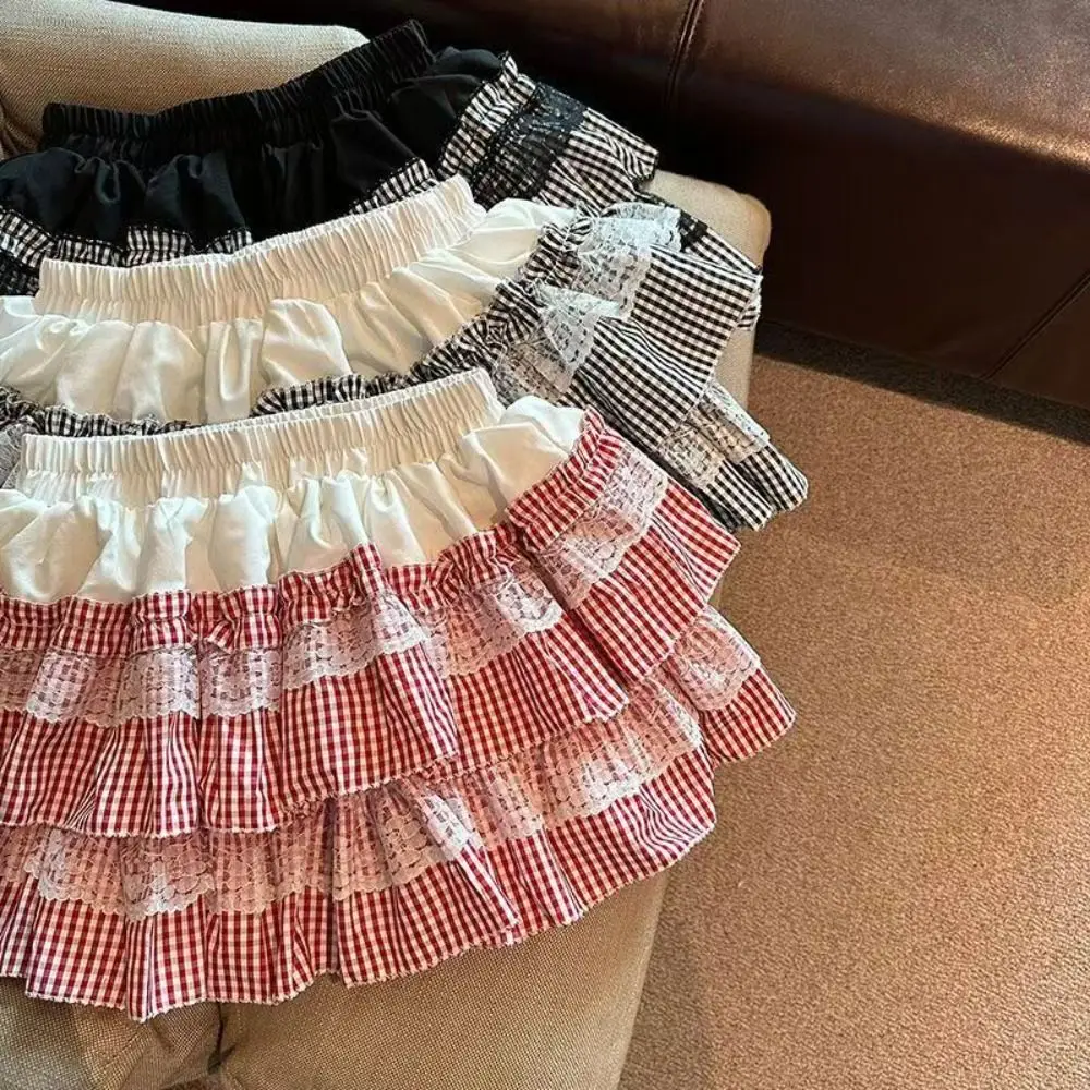Lolita renda grade bolo saia xadrez listra cintura alta jk a linha saia curta com calças de segurança doce renda plissada mini saias meninas
