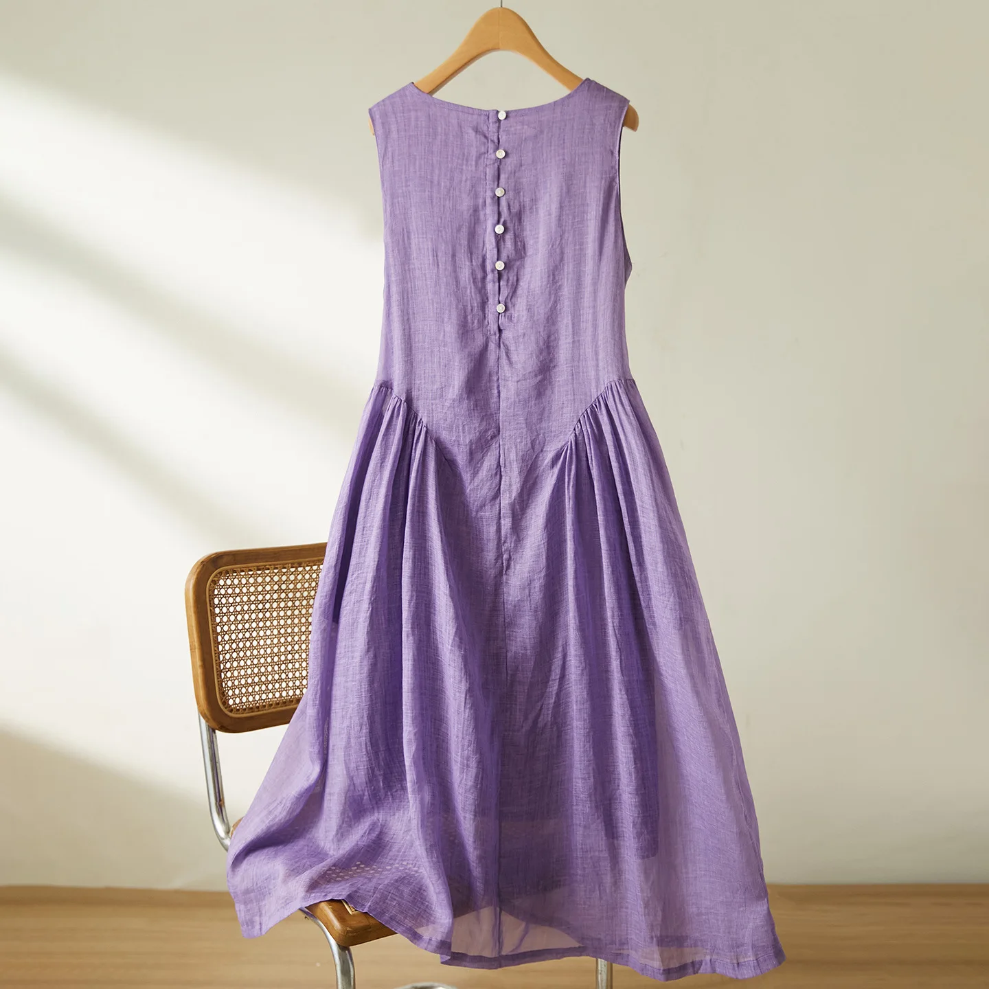 Ramie High-end Summer New Purple Sleeveless Dress Women's Back Collar Retro Button Half Cardigan Pocket