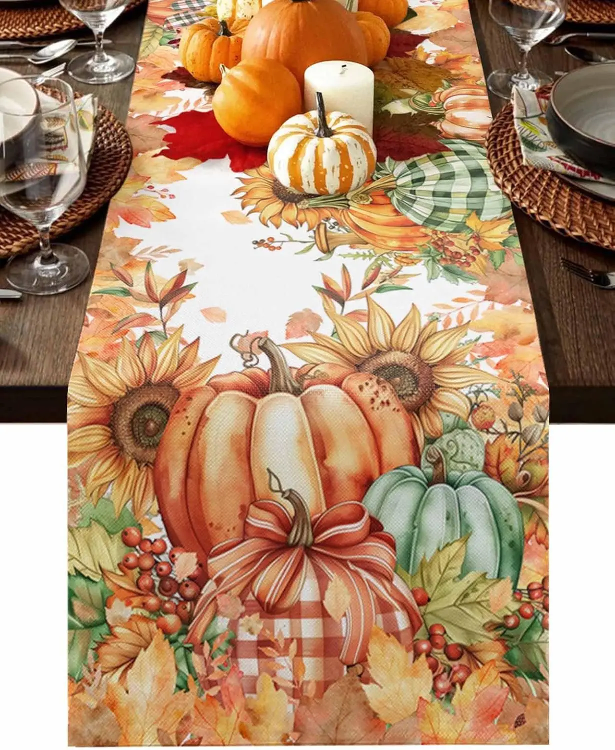 Fall Thanksgiving Orange Pumpkins Linen Table Runner Autumn Farmhouse Maple Leaf Table Runner Kitchen Party Dining Table Decor