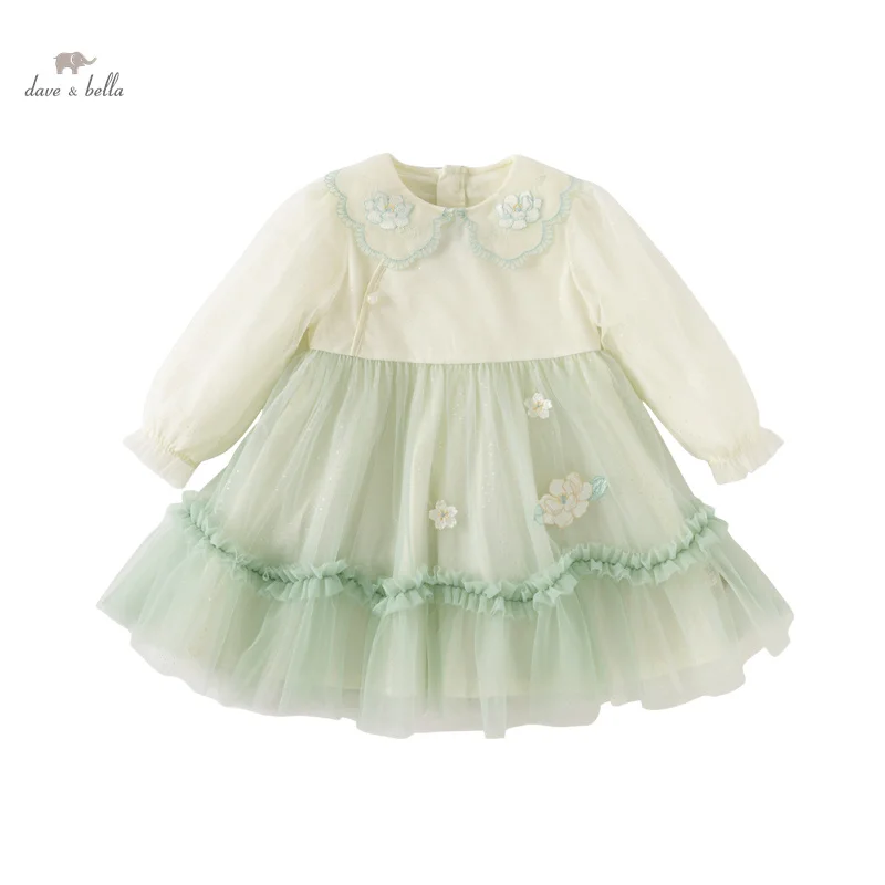 Dave Bella Princess Dress for Girls Children Baby 2024 New Spring Sweet Lovely Flower Mesh Fashion Party Outdoor DB1247863