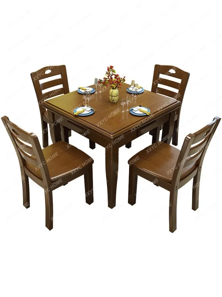 Solid Wood Mahjong Table Dining Table Dual-Use Modern Simple Folding Household Simple Manual Table and Chair Combination