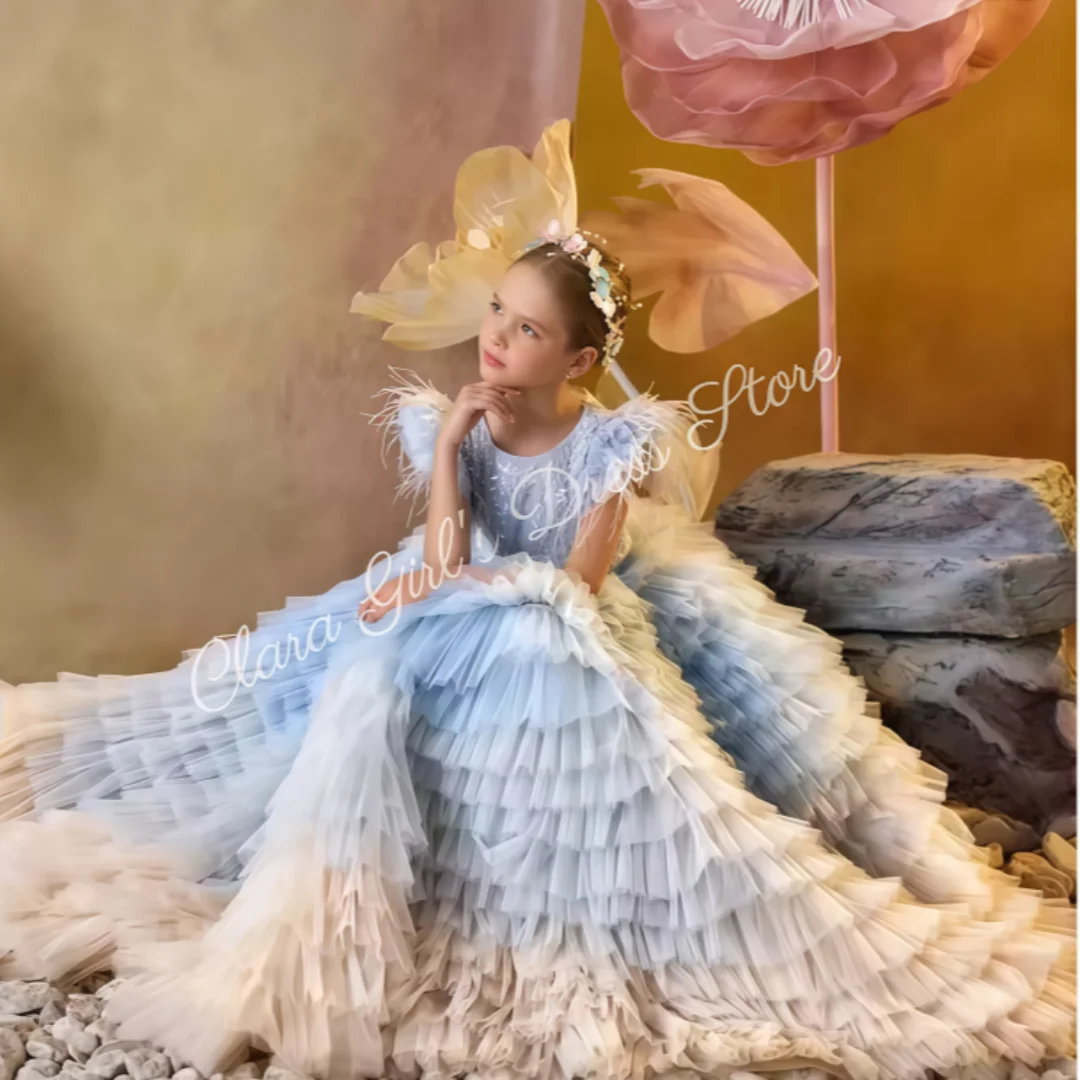 

Gorgeous Sky Blue Flower Girl Dress with Multi-Layer Floral Embroidery and Feather Decorations for Children's Formal Dinner