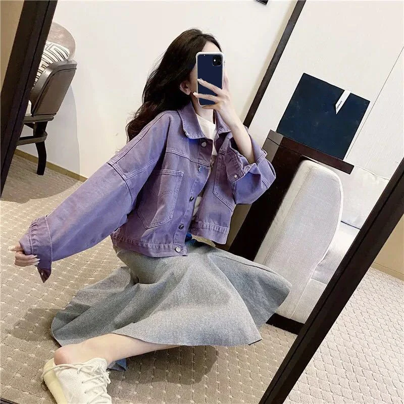 Giacca di jeans viola per le donne 2024 autunno nuovo coreano sciolto Top corto cappotti moda Laple monopetto Versatile capispalla
