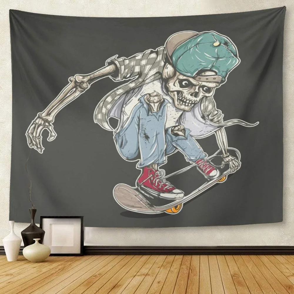 VIKAMA Skateboarding Skeleton Tapestry, American Street Graffiti Wall Art for Bedroom Decor