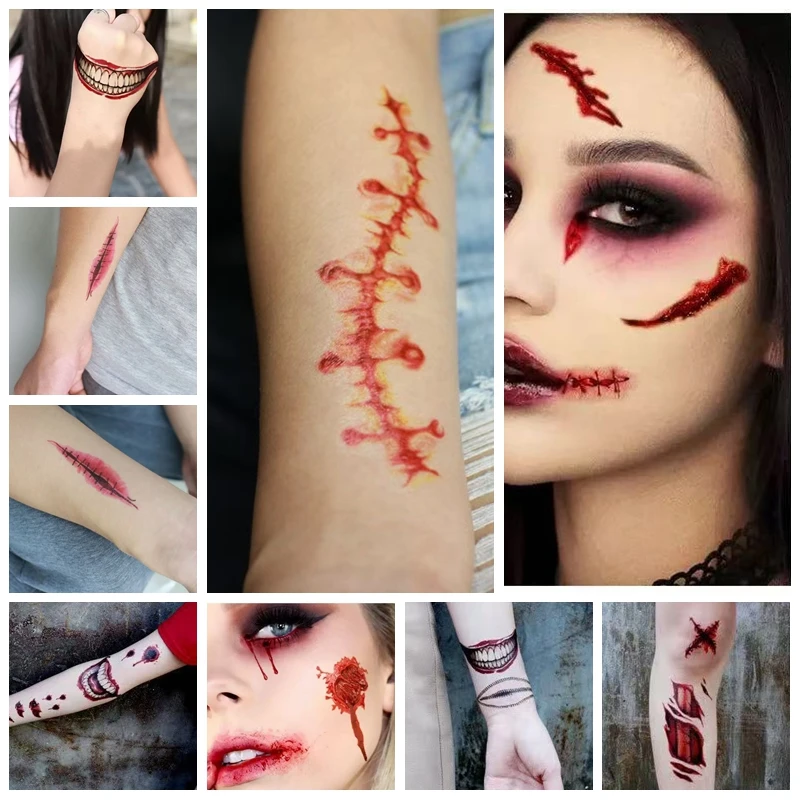 

Day of the Dead Halloween Temporary Tattoos Stickers Bloodstain Wound Costume Party Festival Celebration Make up for Arm & Face