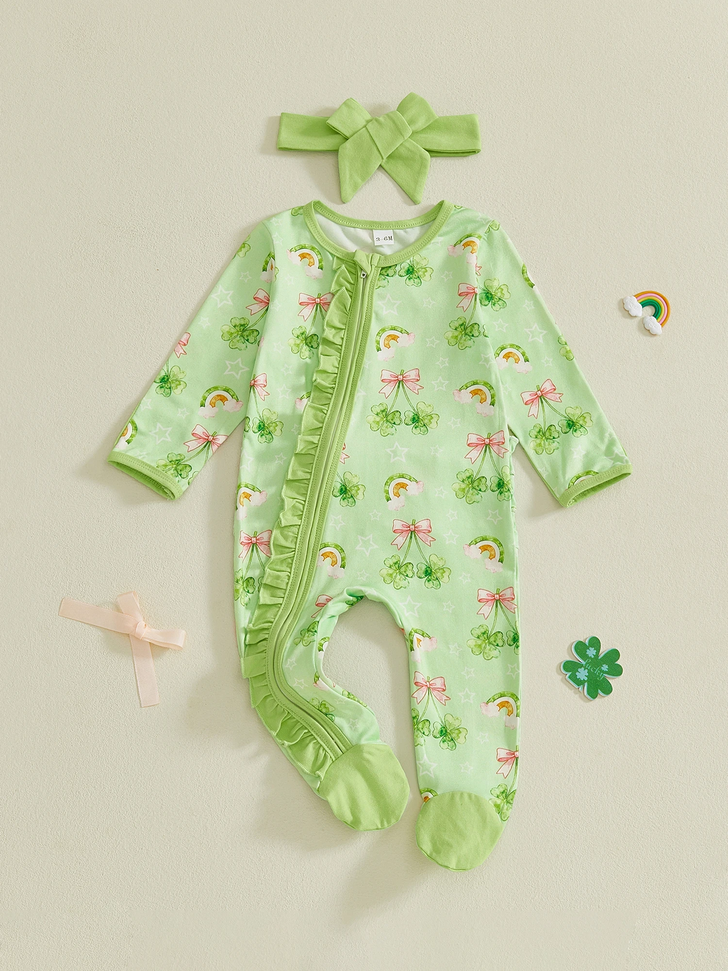 

St Patrick s Day Baby Girl Shamrock Print Long Sleeve Romper with Matching Headband and Booties for Luck of the Irish