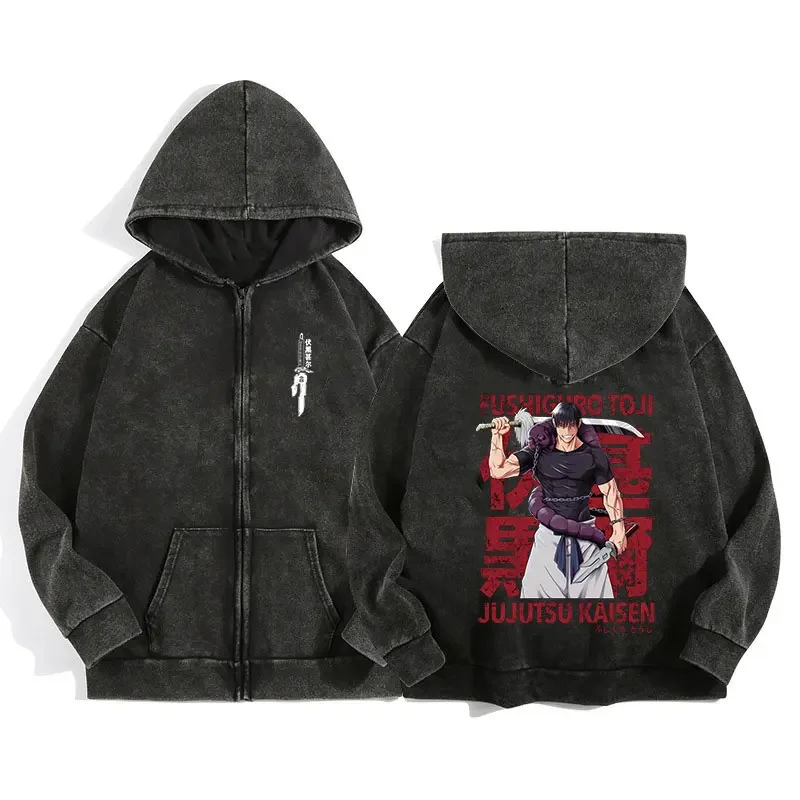 Support Custom Anime Jujutsu Kaisen Washed Zip Up Hoodie Jacket Harajuku Graphic Cotton Hooded Sweatshirt Hip Hop Gothic Coat