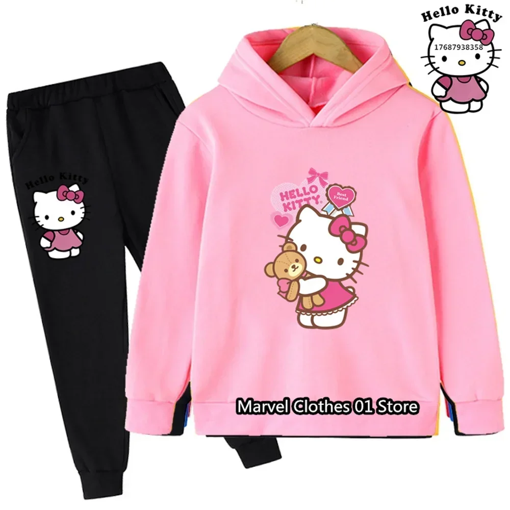 

New Sports Pullover Kawaii Sanrio Hello Kitty Cute Anime Hoodie Girl Coat+Pants 2P Boys 3-14Y Birthday Gift Casual Jogging Set