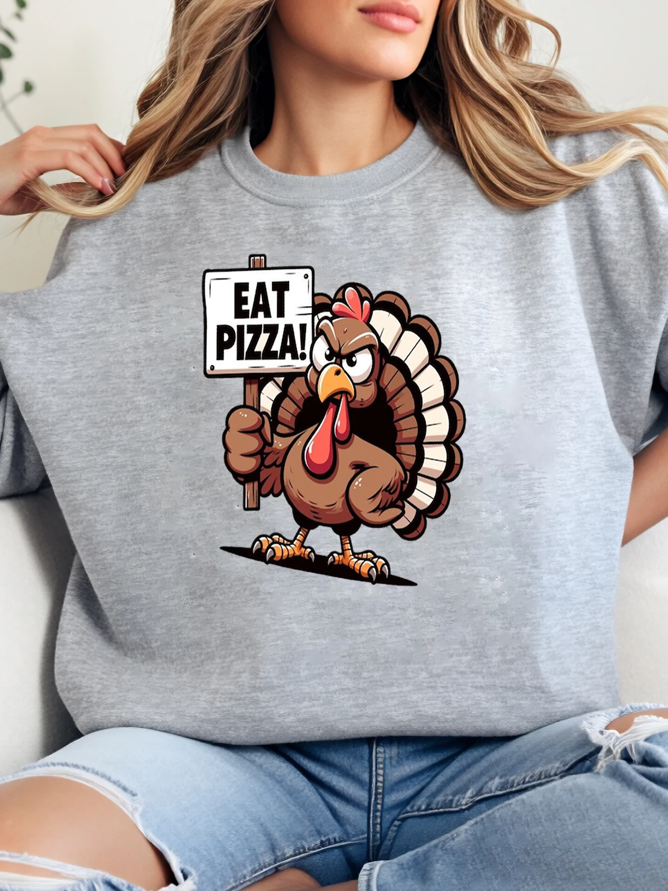 أكل البيتزا تركيا طباعة الشكر Crewneck البلوز المرأة عارضة الخريف الشتاء ارتداء رمادي زائد الحجم #1