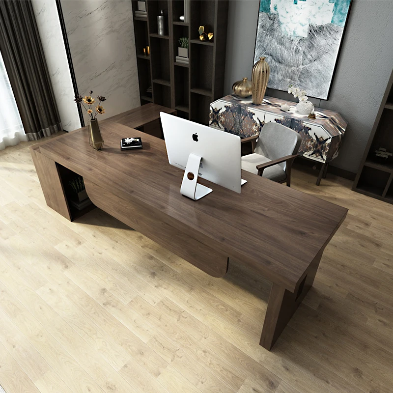 

Solid wood office boss table simple modern loft industrial style computer desk manager table president large pan table with side