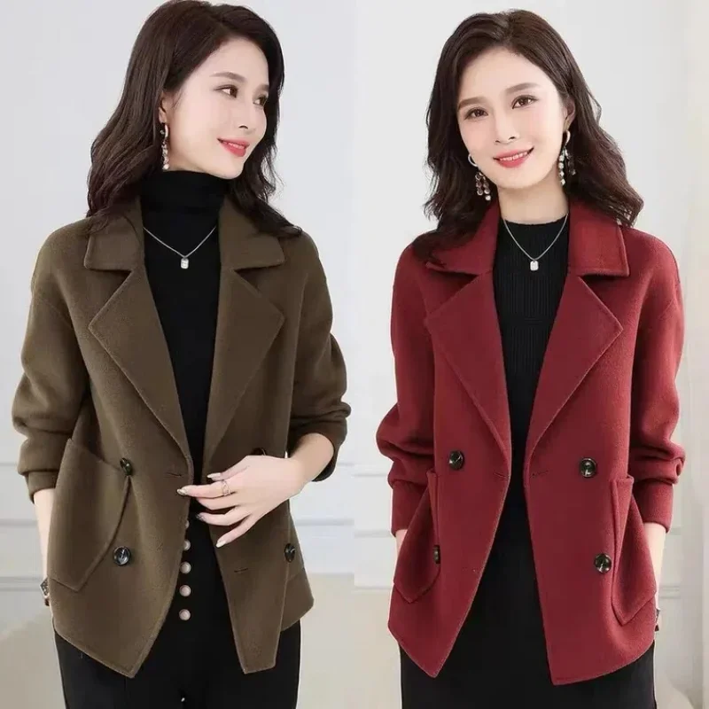 Drop Shoulder mantel wol buatan tangan longgar 2021 wanita musim gugur musim dingin dua sisi Cocoon mantel pendek wol ukuran besar warna Solid