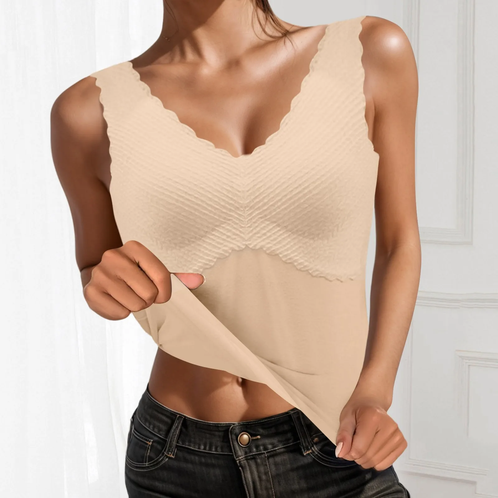 Thermal Underwear Tank Tops Women Seamless Padded Stretchy Thermo Vest Solid Sanding Lace Lingerie Winter Warm Soft Undershirt