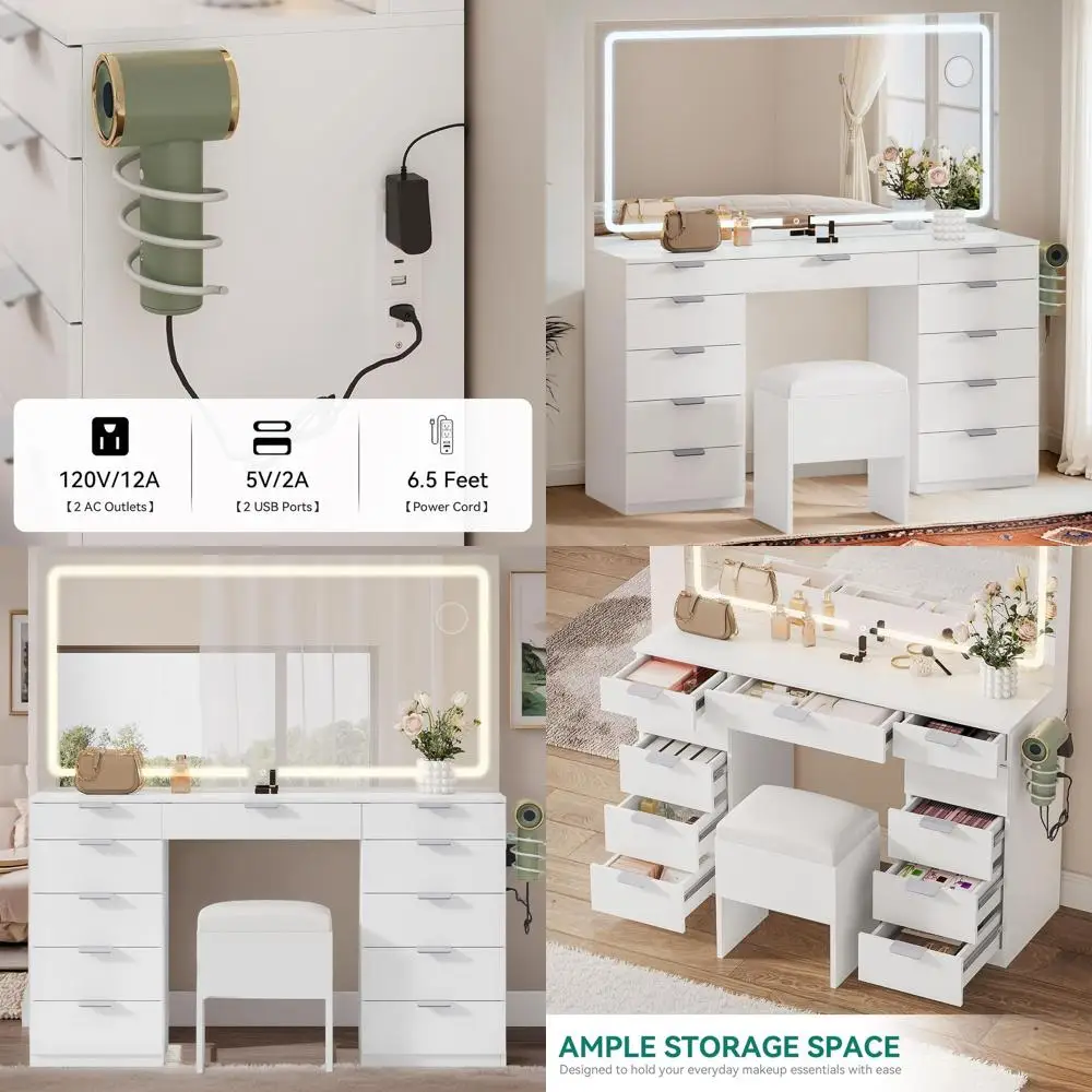 Tavolo da toeletta bianco da 46 LED con 11 cassetti, sedile imbottito, presa di corrente e specchio ingranditore