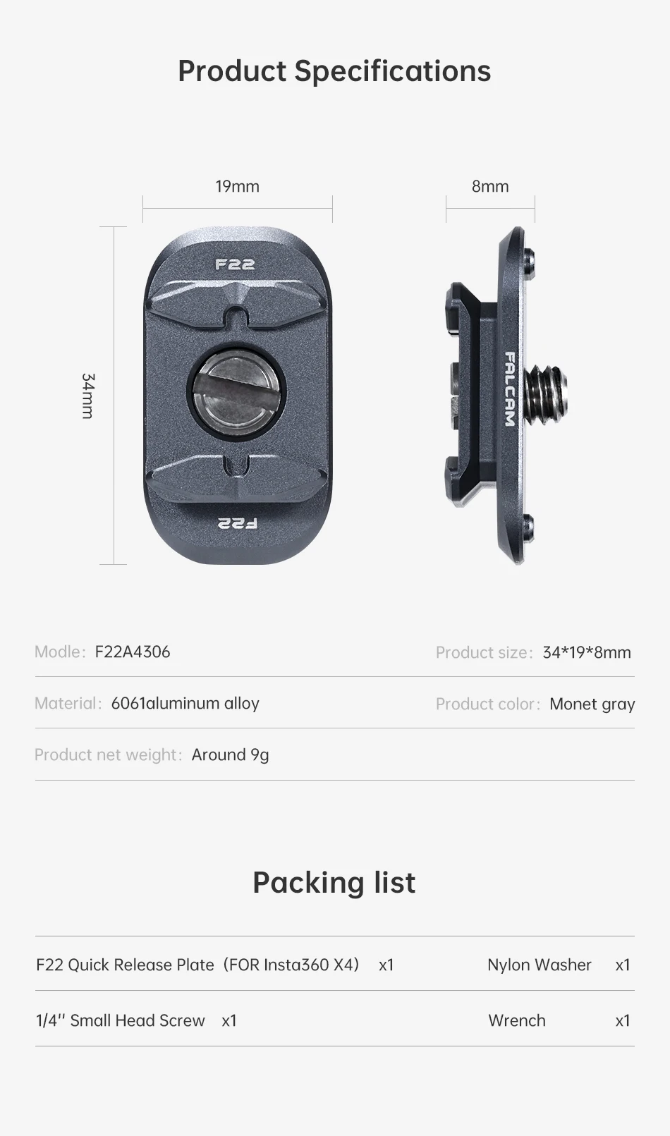 Falcam F22 pelat rilis cepat untuk Insta360 X4 anti-defleksi stabil cocok Aksesori tak terlihat pelat Aloi Aluminium Plate