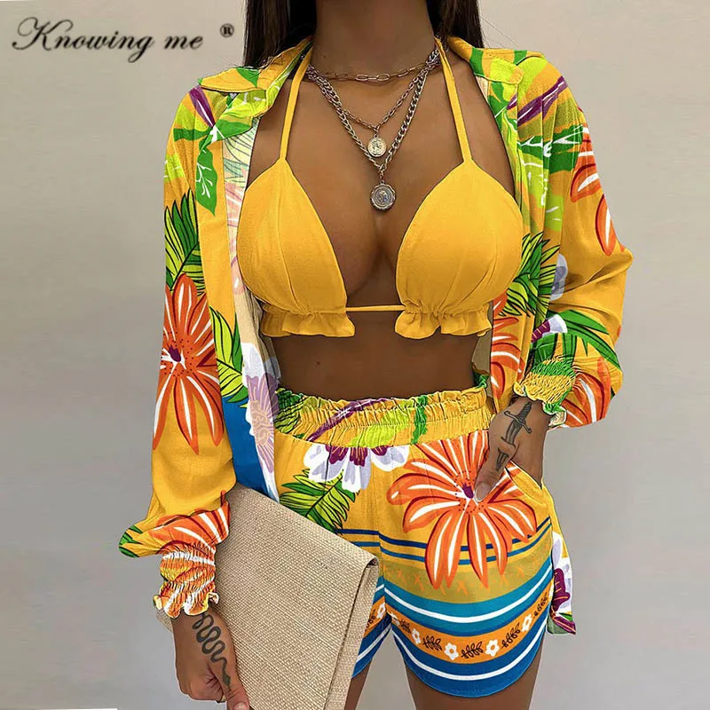 Print Floral Swimsuits 3 PCS Beach Bikinis Set Women Push Up Female Plus Size Swimwear Bather Swim Wear Women Bathing Suit 2022