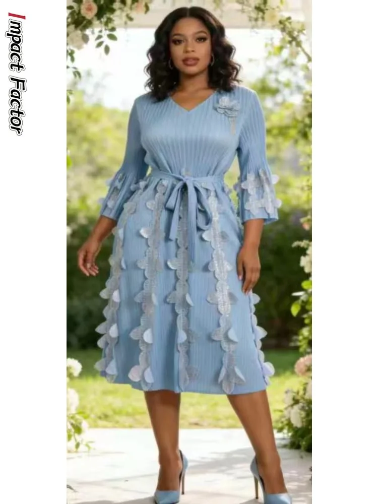 

Miyake Dress Women's Long Sleeve Texture High-end Gentle Style V-neck Loose Lace-up Three-dimensional Flower Design Dress