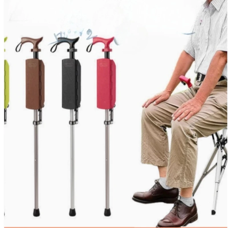 Automatic Foldable Walking Cane with Seat, Anti-Slip Hiking Staff for Elderly, Portable Metro Stick Convertible to Stool