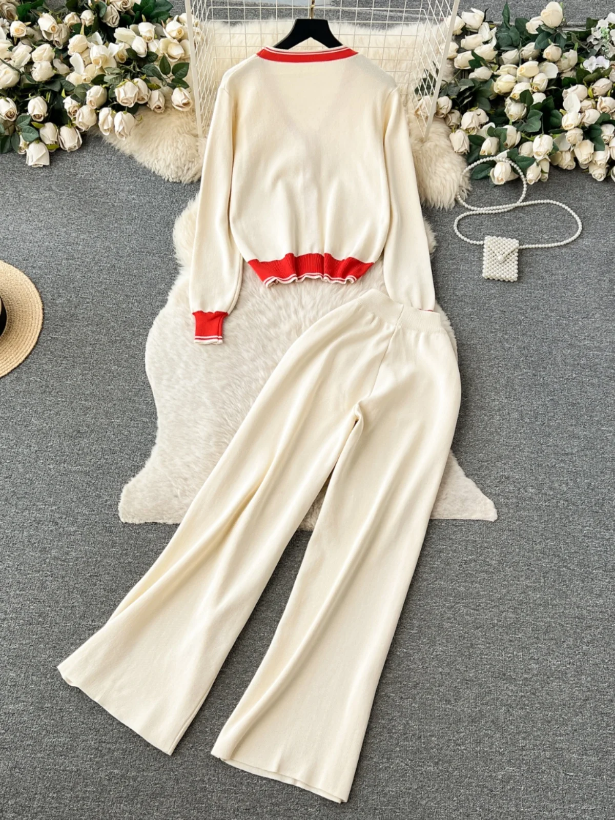 Knitting Pant Sets Outfits Women Autumn Winter Long Sleeve V-neck Cardigan + Wide Leg Pants Two Piece Suits Elegant Ladies Sets