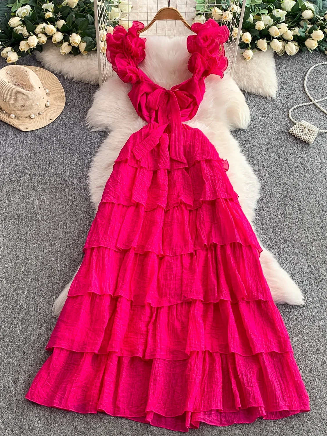 فستان تونيك صيفي مثير بدون ظهر للنساء، تنورة طويلة ضيقة عالية الخصر بأكمام جرس ورقبة على شكل حرف V، فستان من طبقات الشاش على ...