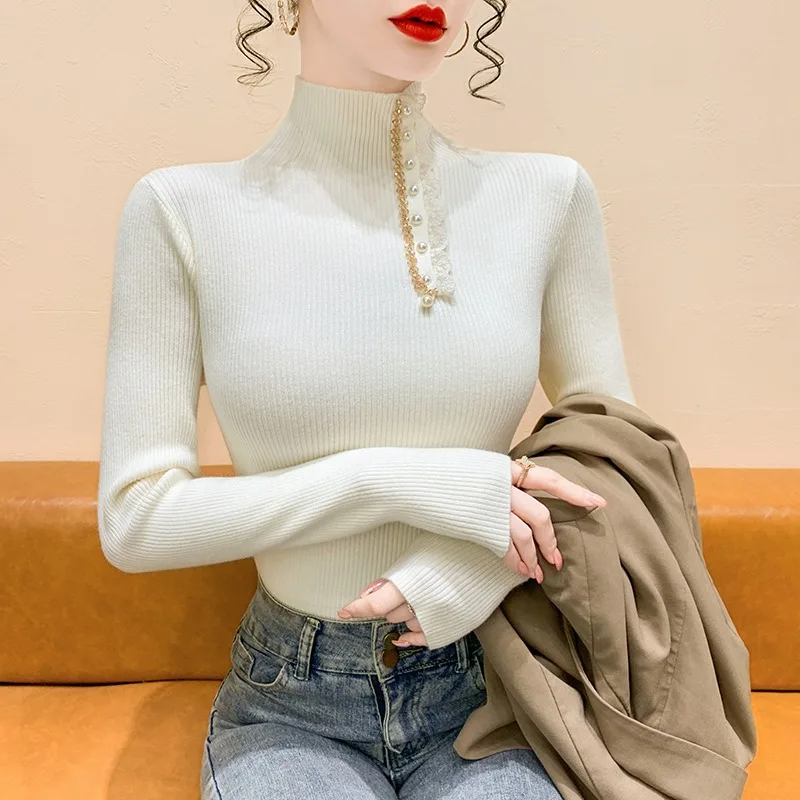 เสื้อไหมพรมแต่งขอบลูกไม้ แขนยาว คอสูง ทรงเข้ารูป ใส่เป็นเสื้อตัวในหรือเสื้อตัวนอก สำหรับผู้หญิง ฤดูใบไม้ร่วง ฤดูหนาว รุ่นใหม่ สไตล์ Sle Com...