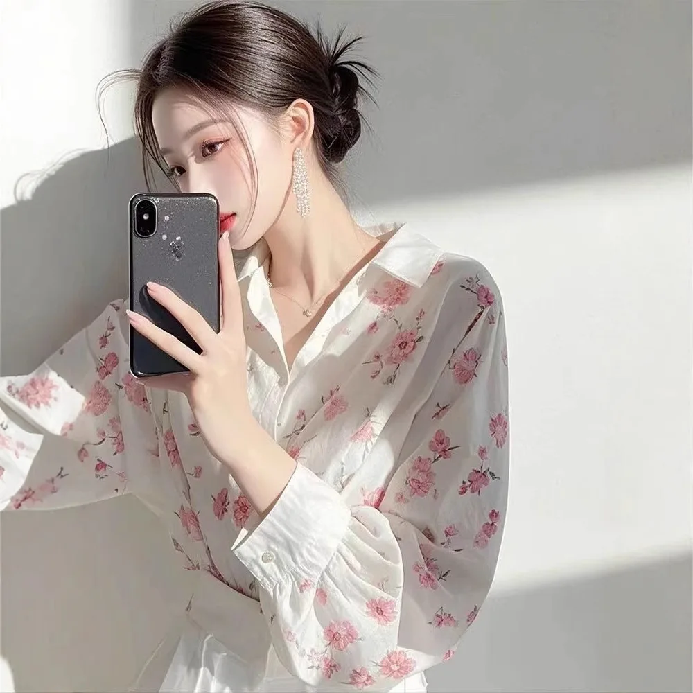 BOWEYLUN wiosna nowy różowy nadruk na co dzień z długim rękawem koszula damska francuski kołnierzyk polo bluzka sweter damski