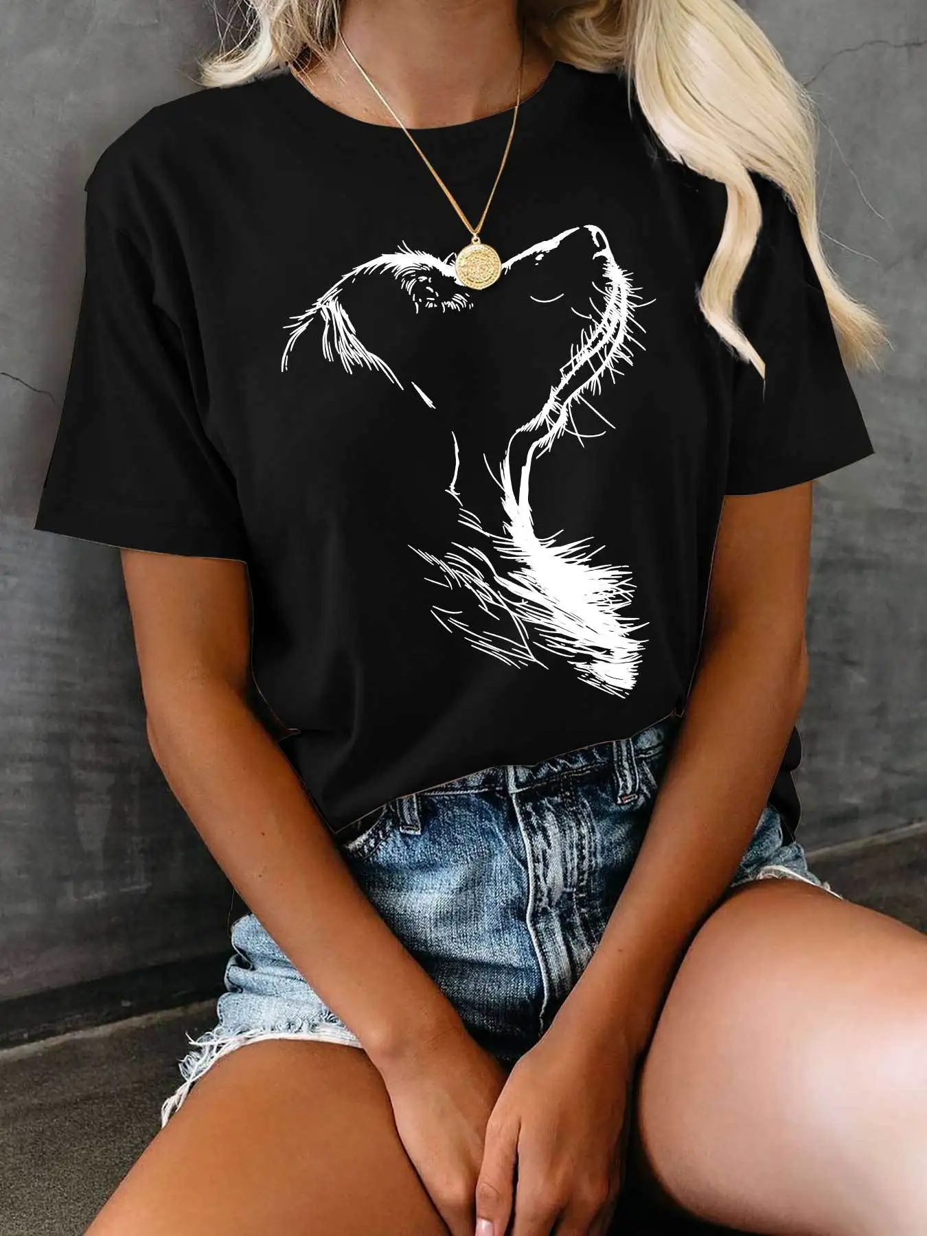 Women's Hawaiian Puppy Shadow Pattern T-shirt Cute 3D Printed T-shirt Summer Fashion Loose Short Sleeve Round Neck Top
