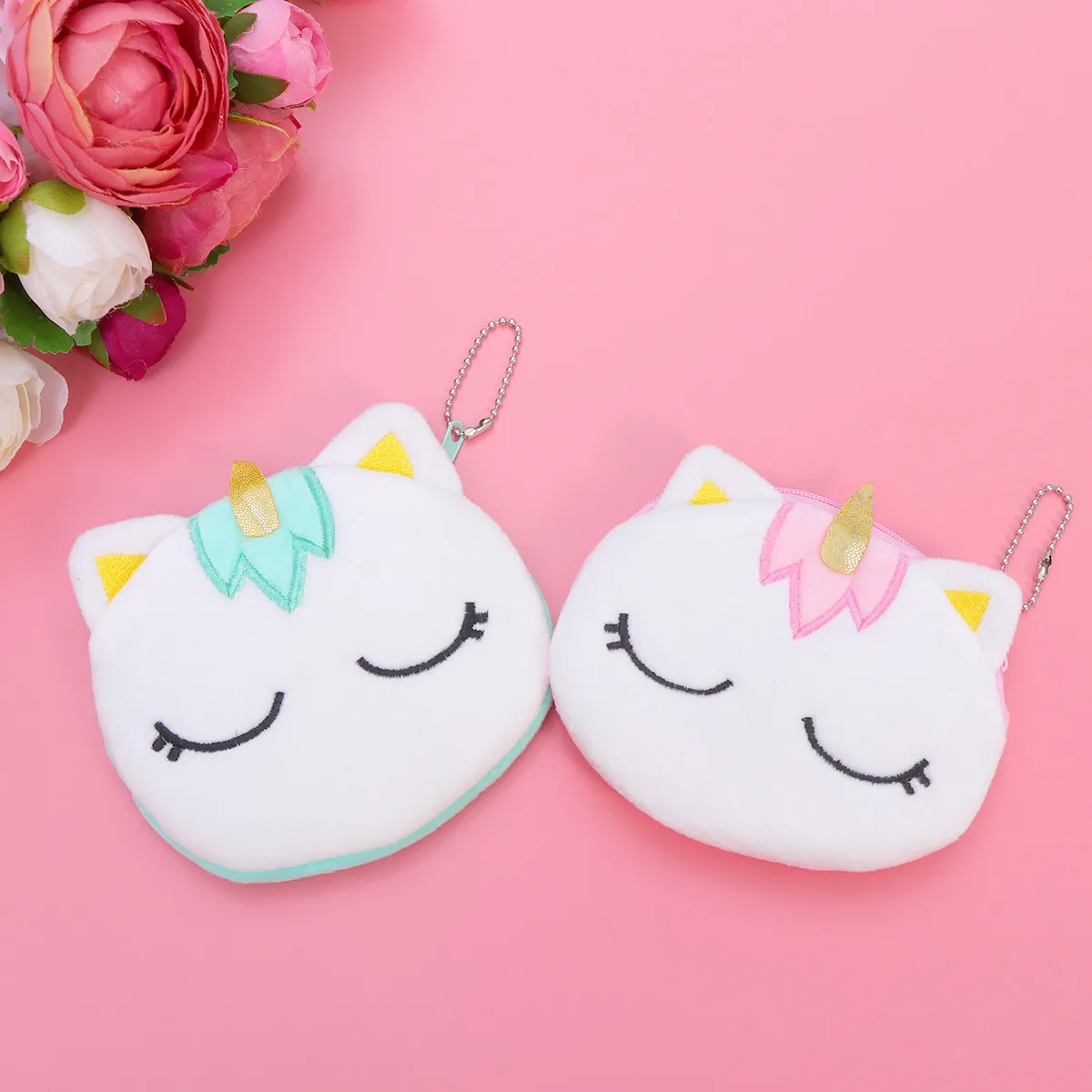 Monedero con diseño de unicornio de dibujos animados, cartera pequeña con cremallera, soporte para llaves para niños, estudiantes, organizador, verde rosado, 2 uds.
