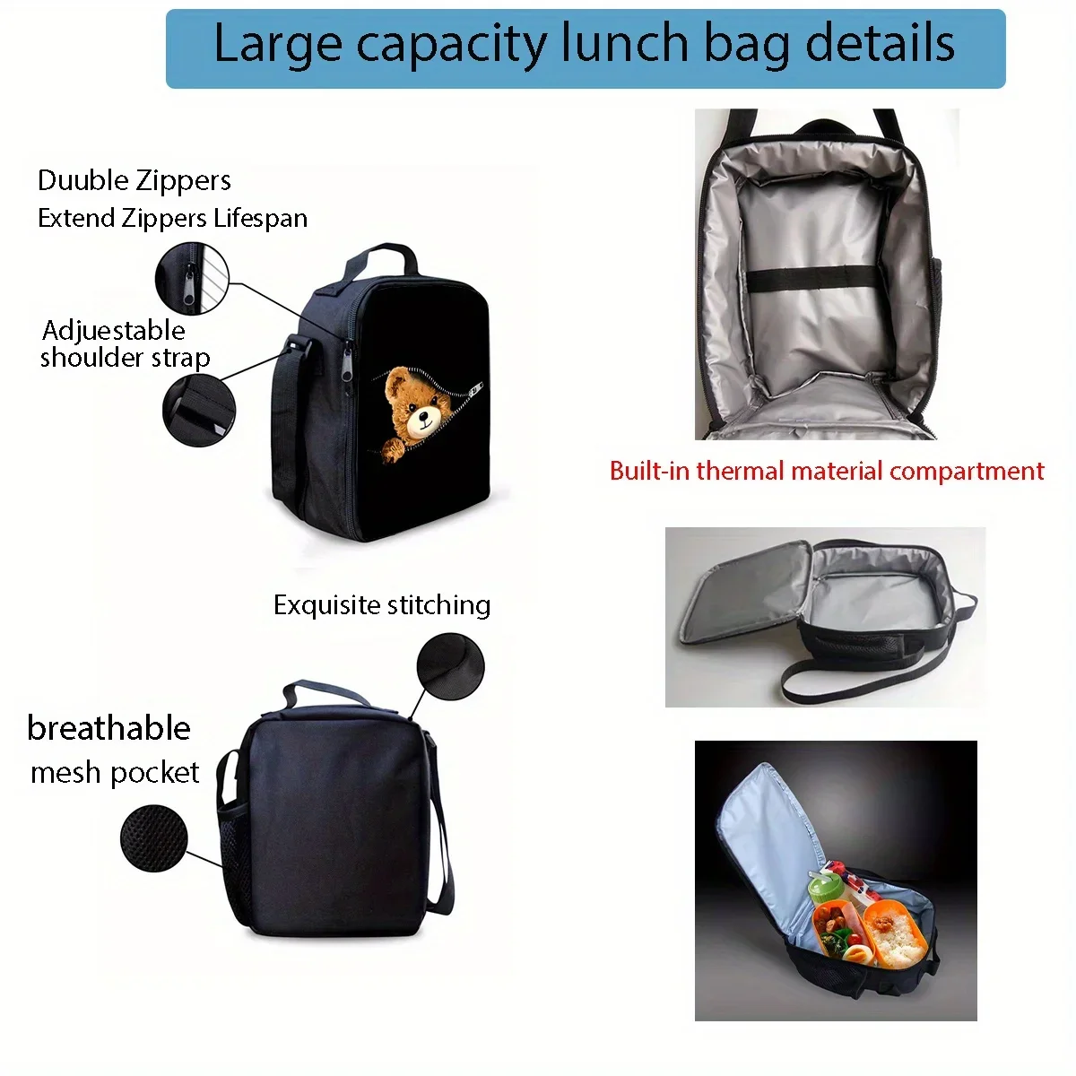 Bear Pattern Lunch Bag Fashionable Thermal Insulation Bag Large-capacity Outdoor Picnic Bag Back-to-school Gift Halloween