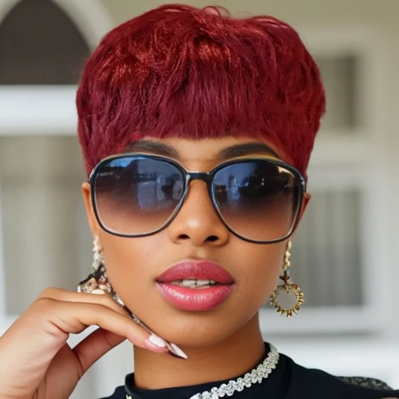 باروكات مموجة مستقيمة الطبقات مصنوعة آليًا بالكامل، شعر بشري قصير بورجوندي