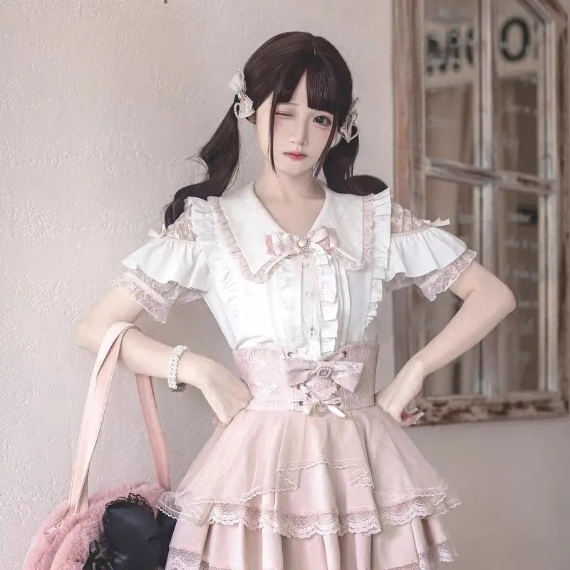 

Милая элегантная блузка с открытыми плечами в стиле кавайи, женская японская кружевная рубашка с короткими рукавами, модная винтажная одежда в стиле лолита