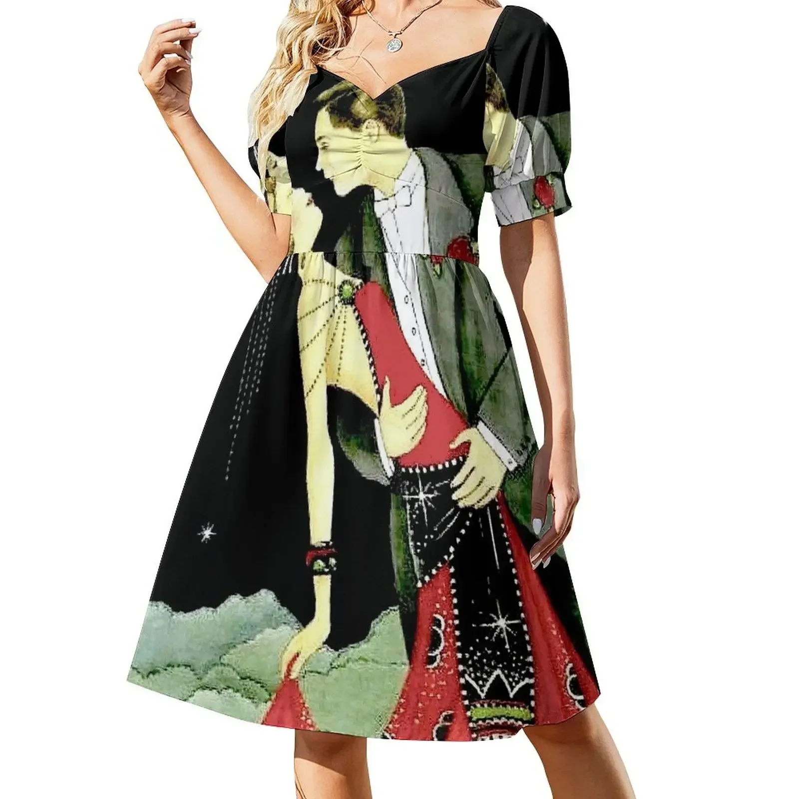 

FLY ME TO THE MOON; Vintage Dance Print Short-Sleeved Dress summer clothes Dress