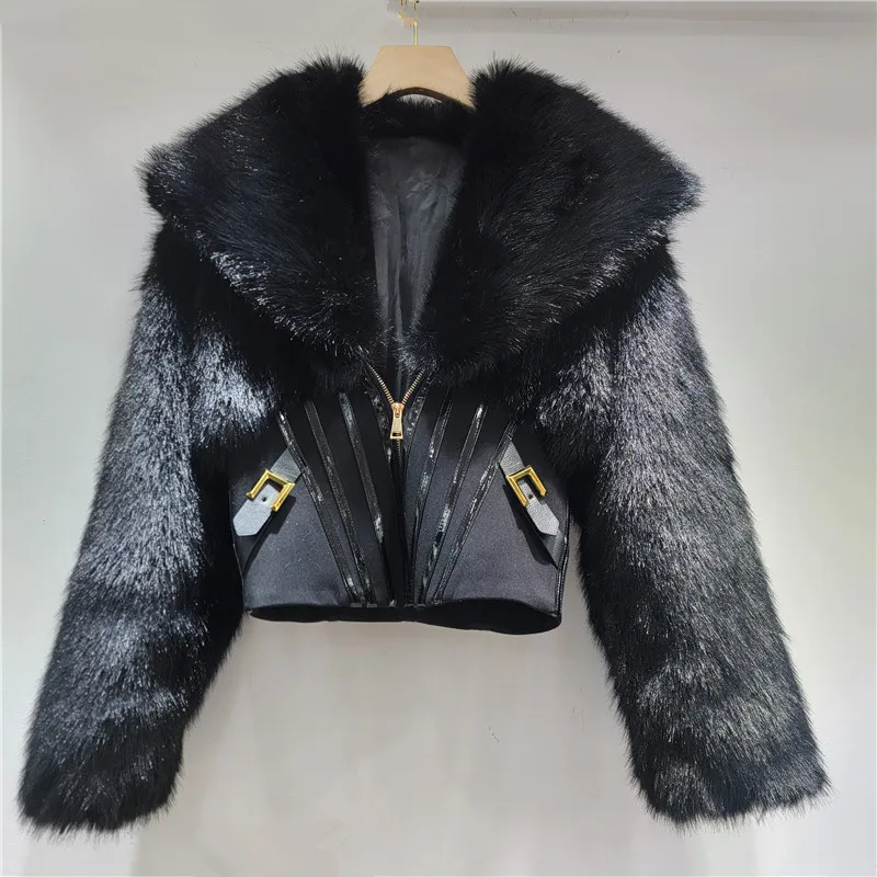 

Clothland Women Chic Black Fur Jacket V Neck Zipper Slim Long Sleeve Thick Female Outwear Winter Coats Mujer CB292