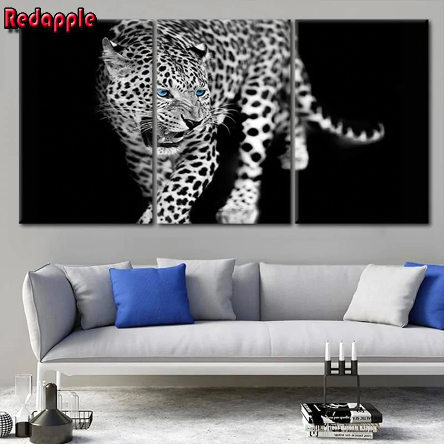 Triptych-Full Diamond Embroidery, Black and White Leopard, DIY Diamond Painting, Cross Stitch Drill, Blue Eyes, Cheetah, Home De