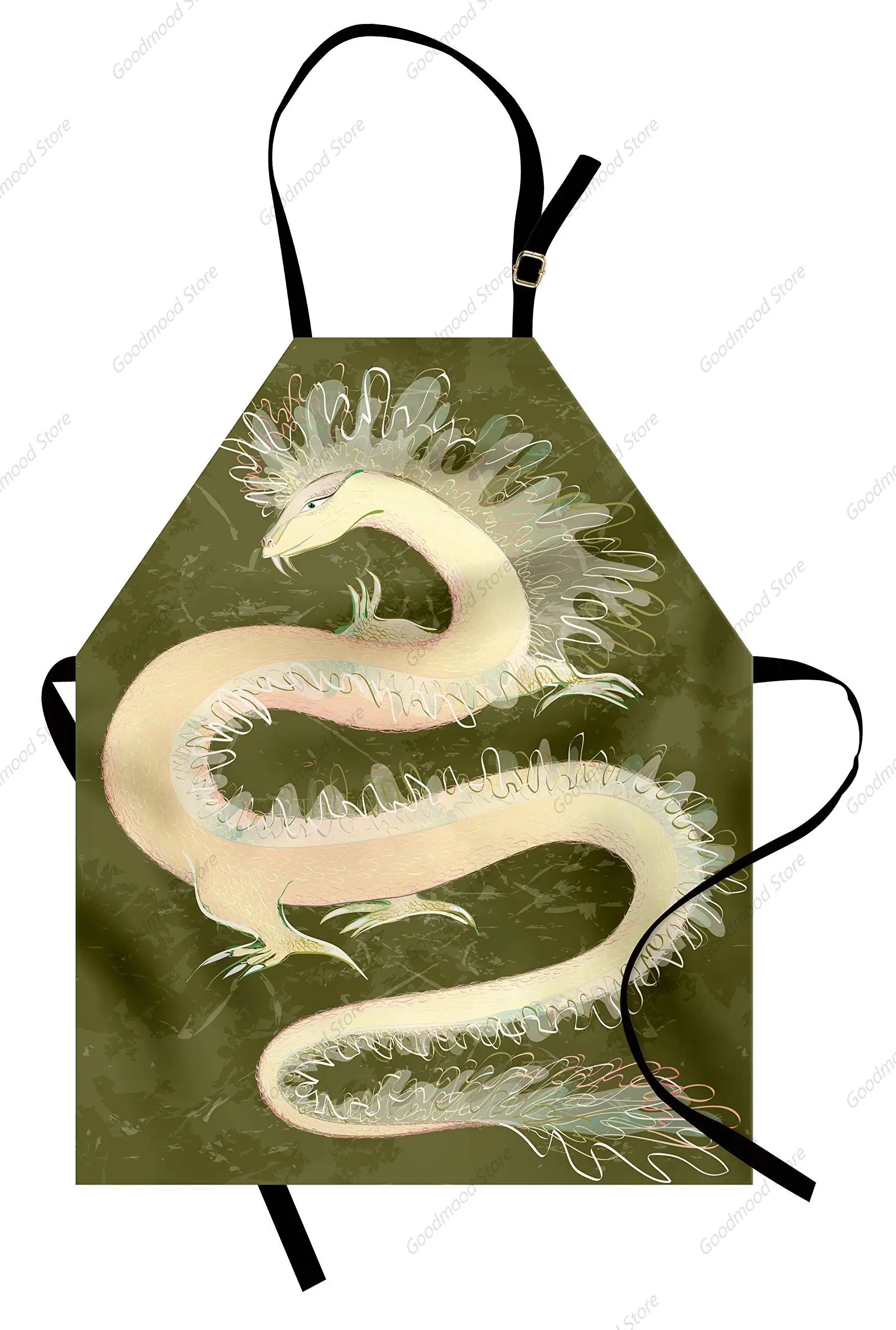 Dragon Apron, Chinese Reptile Dragon Grunge Style, Unisex Kitchen Bib with Adjustable Neck for Cooking Gardening, Adult Size