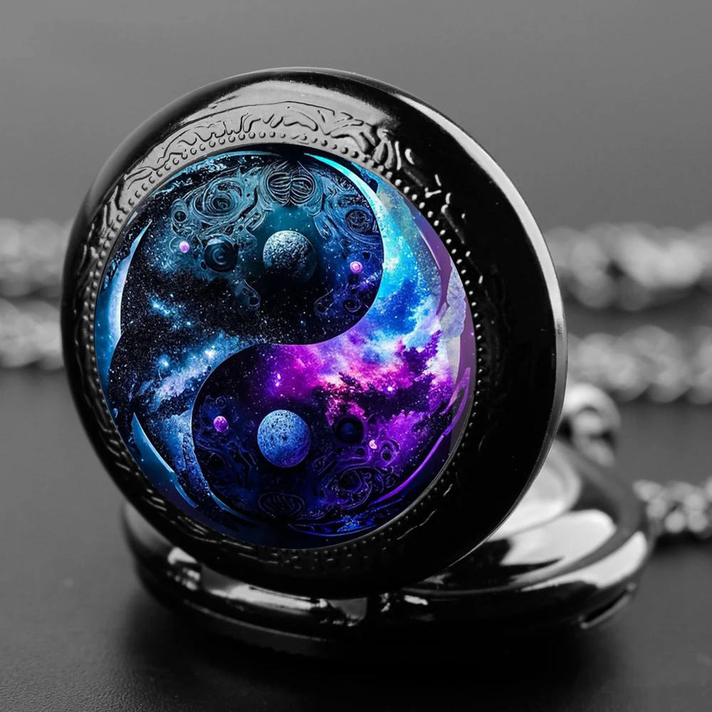 Exquisite Yin-Yang Moon Glass Dome Quartz Pocket Watch Necklace Pendant Gifts For Women Man with Fob Chain