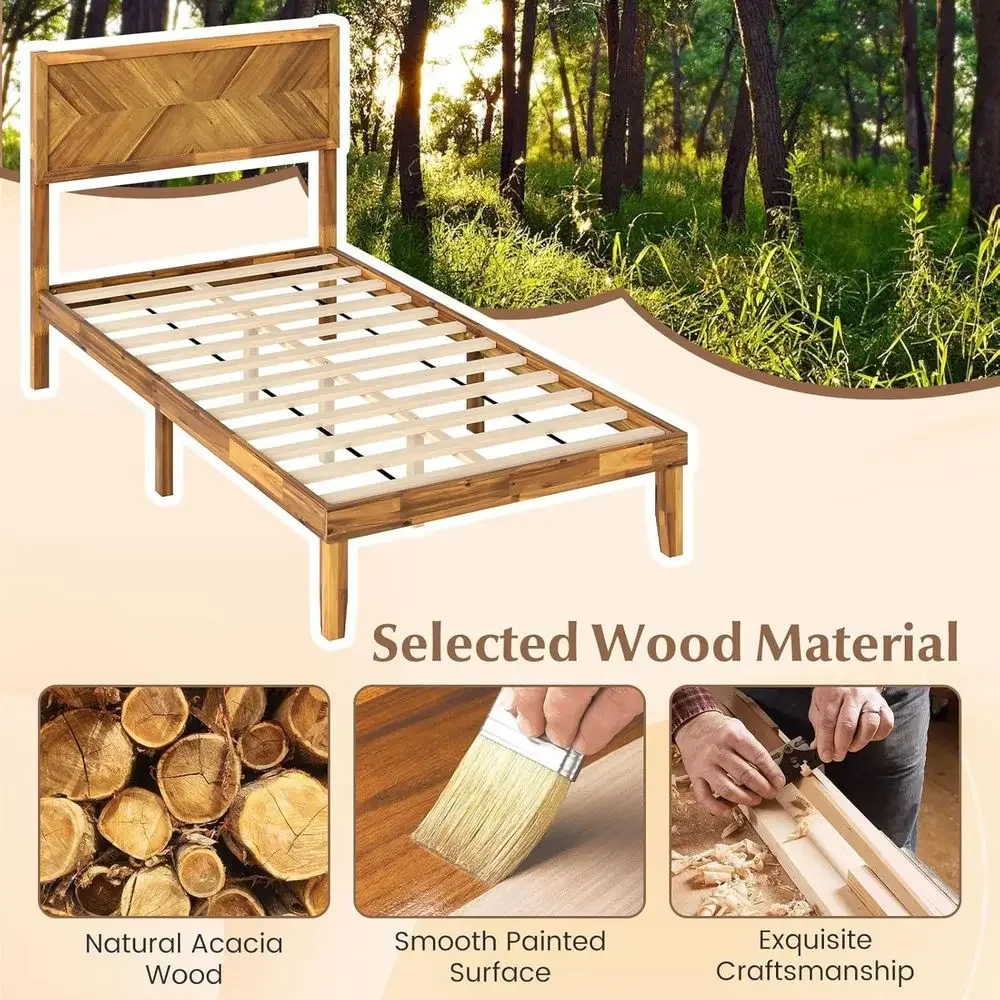 Acacia Wood Twin Platform Bed Frame with Headboard for Kids, 12 Slat Support, Space-Saving Design, No Box Spring Needed, Rustic