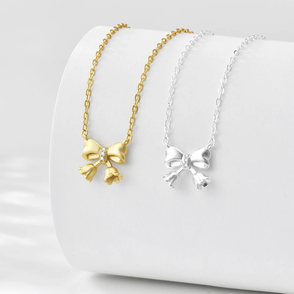 

Korean S925 Sterling Silver Niche Necklace, Bell Bow Flower, Minimalist Sweet Cool Collarbone Chain for Women