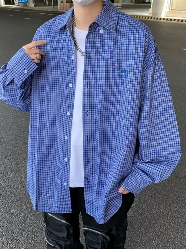 

Blue Long Sleeve Cotton Shirt Youth Casual Plaid Outerwear Spring Vintage American Letter Embroidery for Teenagers