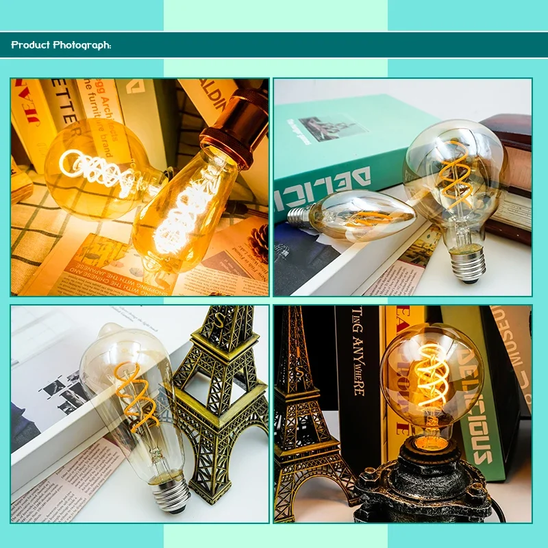 Retro LED Edison Bulb E27 E14 4W AC220V Glass Light Bulb C35 G45 T45 A60 ST64 T225 G80 G95 G125 Spiral Led Filament Vintage Lamp