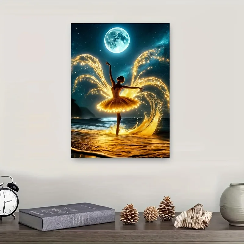 1000 قطعة من أحجية الصور المقطوعة - فتاة الرقص القمر مع شرارات ذهبية، تحدي راقصة الباليه السماء الليلية مع جزيئات متوهجة، Vib