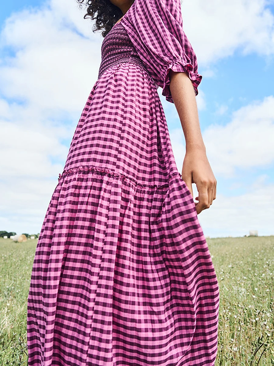 Vestido casual em camadas feminino, manga folhada, gola quadrada, estampa xadrez, vestido de linha A, vestido longo e esvoaçante